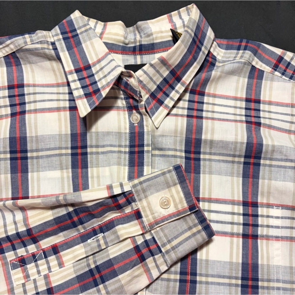 Vtg Lizsport Mens L Plaid ButtonDown Shirt Long Sleeve Cotton Cream Navy Red EUC